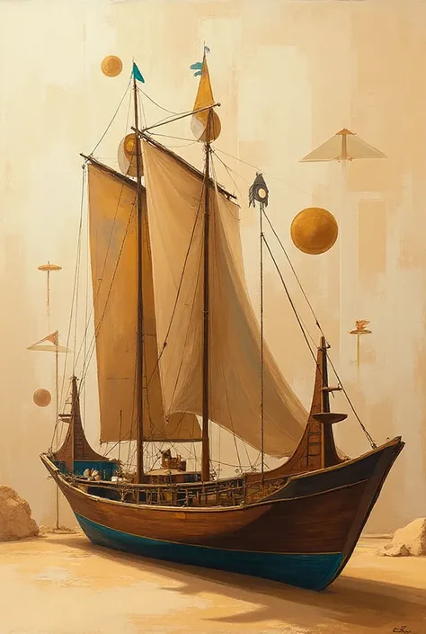 Fully abstract Cubist interpretation of Khufu's solar boat, deconstructed geometric shapes, fragmented sails and hull, overlappi...