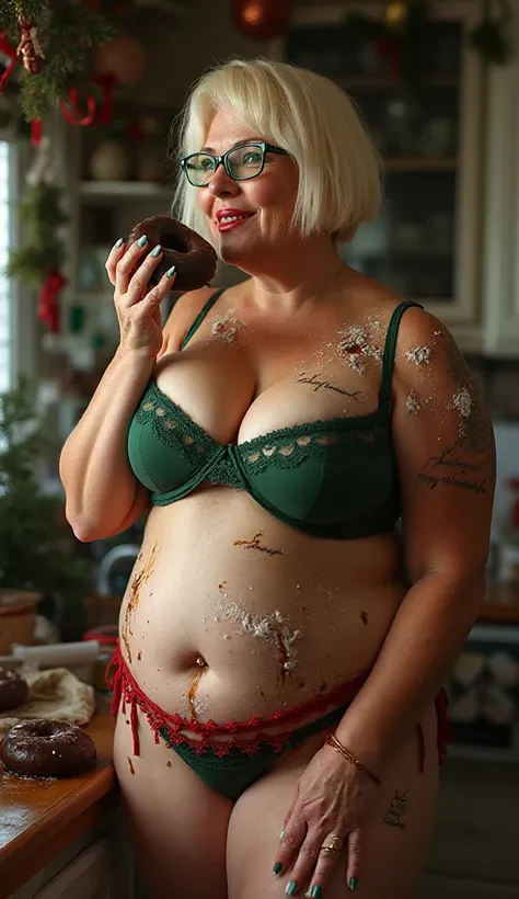 A 52-year-old woman, Women's size 178 cm, body weight 80 kilograms, blonde short classic bob hairstyle, Glasses with green frame...