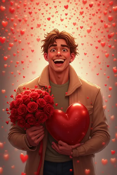 un homme humain brun qui est content , qui tient dans ses mains un bouquet de rose rouge , un cadeaux rouge , avec des milliers ...