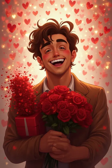 un homme humain brun qui est content , qui tient dans ses mains un bouquet de rose rouge , un cadeaux rouge , avec des milliers ...