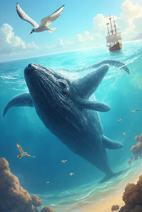 A whale with a sea around a seagull, a ship and a beach