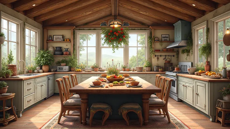 background of a beautiful large cozy kitchen, in the middle a large table