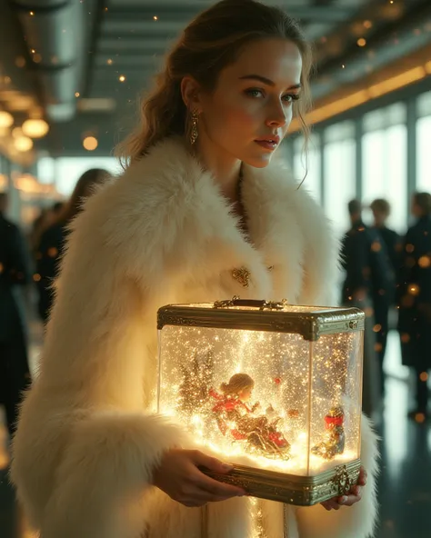 
A glamorous woman in a stylish cream-white fur coat, slowly walking through an airport, holding a large transparent suitcase fi...
