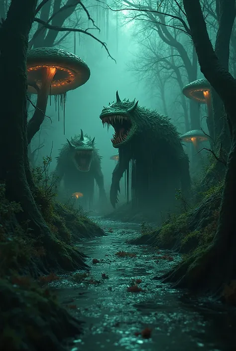 a swamp full of slime monsters, highly detailed, photorealistic, 8k, ominous atmosphere, murky water, gnarled trees, glowing mus...