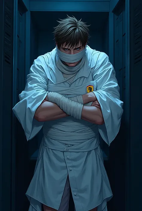 Create a live action image of Inside the dorm closet at night in the magic academy, Ethan, a young American boy with light skin ...