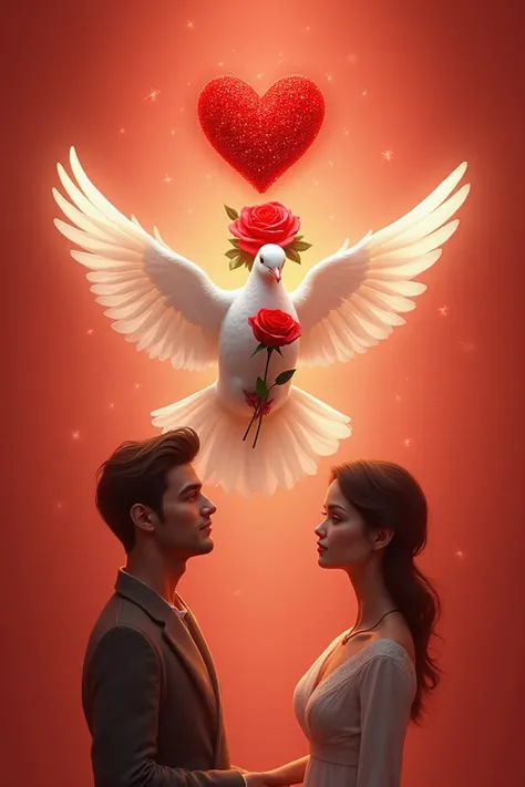 une réel colombe qui tient dans ses pattes une rose rouge au dessus de la tête d'un couple d'humain , un coeur rouge pailletté ,...