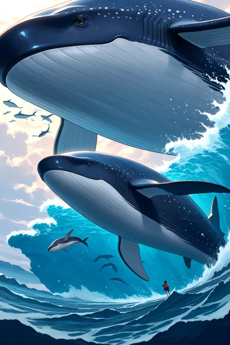 blue whale in ocean along with other whales