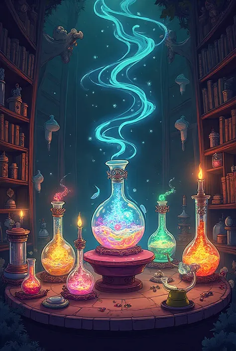Cartoon drawing of an alchemist's lab without humans, focus on flasks