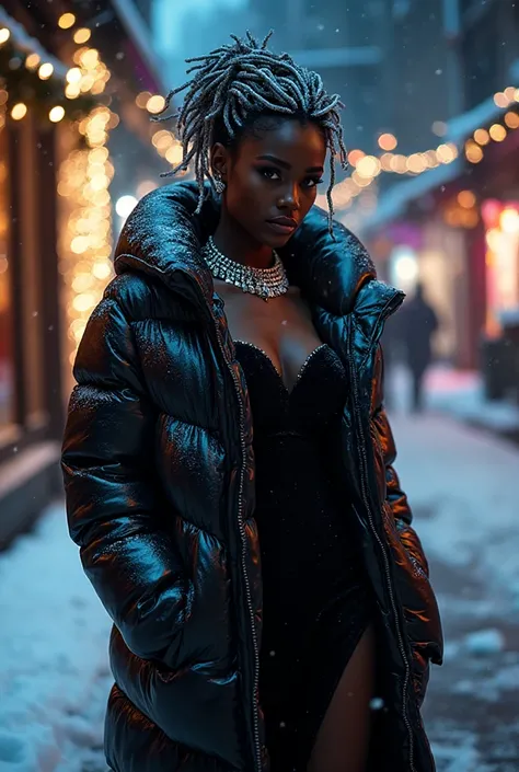 a seductive dark-skinned girl with velvety black-colored skin on a snowy night street, crown illuminated by festive garlands, in...