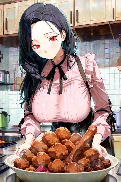 1 person, personA :(
1 girl, (jirai kei mature: 1.6),long hair,red eyes,slim body,big breasts, 180 cm tall,japanese kitchen, {...