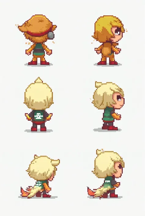  "pixel art character sprite sheet for 2D RPG, front view, back view, side view, Pokemon style, 32x32 pixels"
