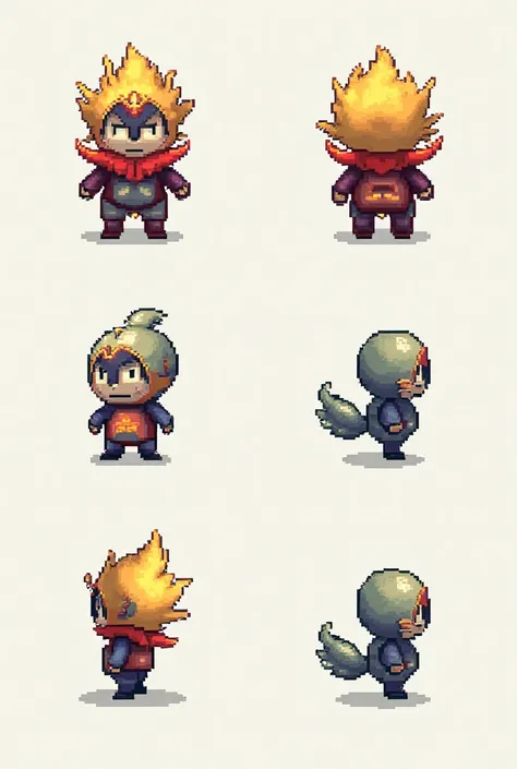  "pixel art character sprite sheet for 2D RPG, front view, back view, side view, Pokemon style, 32x32 pixels"

