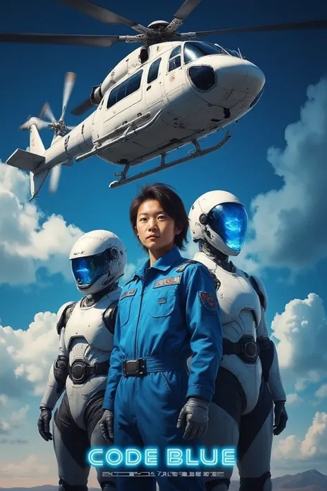 A sci-fi poster for the Japanese TV show "Code Blue". Low-angle shot. Futuristic white and grey androids in blue flight overalls...