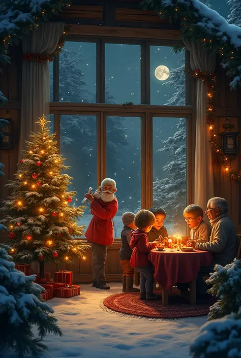 “A cozy countryside house on New Year’s Eve with a large panoramic window, a small pine tree outside decorated with Christmas ba...