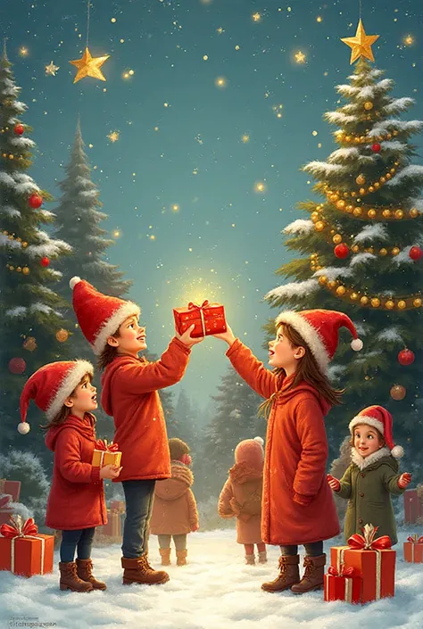 Help me create a striking image, with illustrations of children receiving gifts at Christmas. Let me say Join the donaton and we...