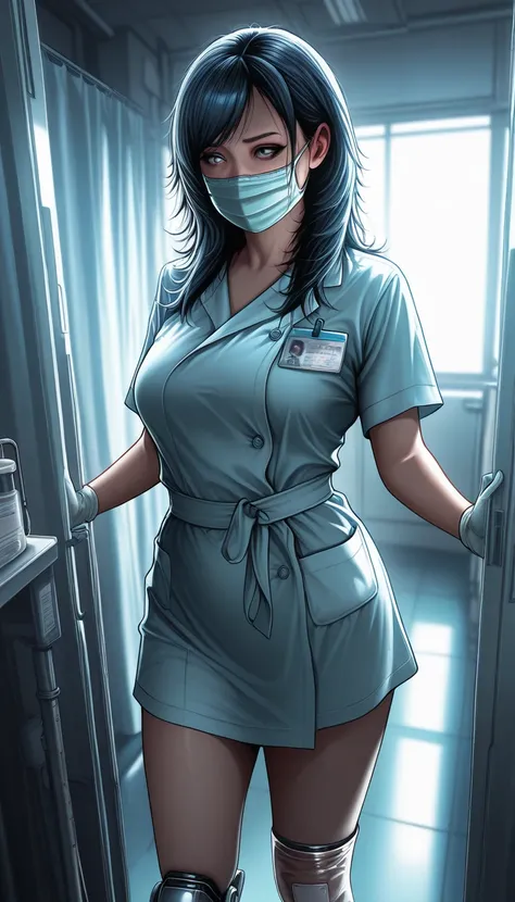 Dan Mumford Style、A female doctor in the medical operating room is on her way to putting a prosthetic leg on the patient's right...