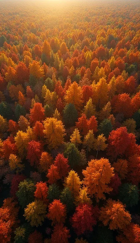A hyper-realistic, ultra-detailed satellite-style aerial view of a sunlit autumn forest, captured from high above with crisp cla...