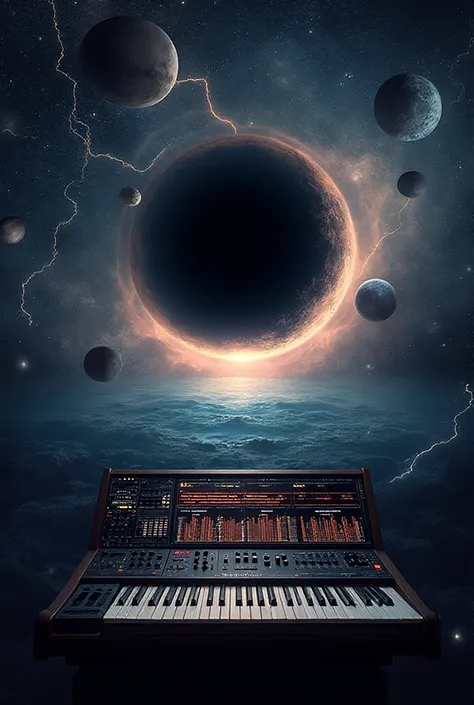 Cosmos background, several planets. In the middle there is a black hole. In the foreground synthesizer, front view, as if I'm si...