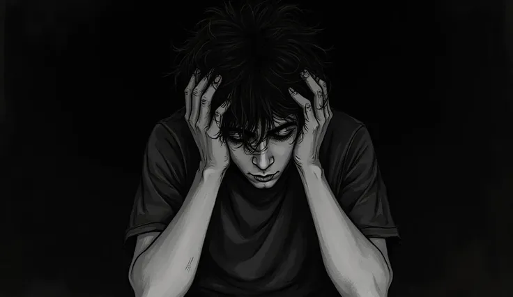black and white illustration, 20-year-old boy with messy hair, sitting in the dark with both hands holding his head, expression ...
