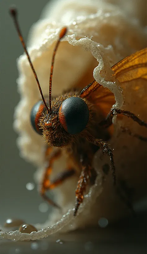 Close-up of a butterfly trying to open its cocoon, detailed texture, dramatic lighting, realistic and inspiring style.