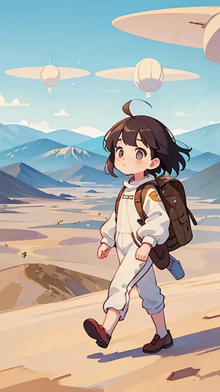 close , visitors, cute girl in an adventure suit , wears a backpack , Look at the mountains in the distance , walking alone t...