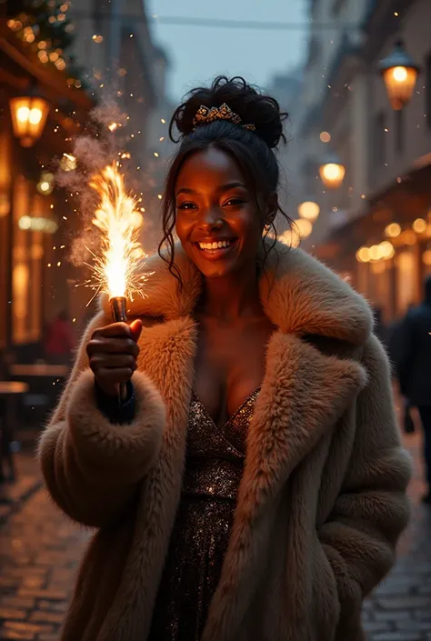 . A sensual dark-skinned girl with luxurious shapes and a charming smile with dimples on her cheeks on a historic street in a Eu...
