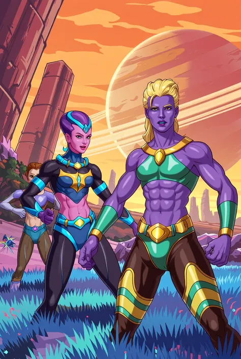 orange sky、Blue Grass、Bizarre Adventure Scene with Purple Characters。