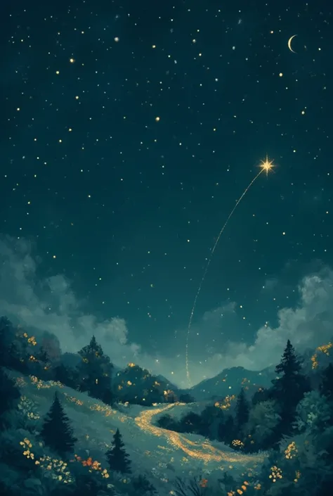 print-ready Christmas card in landscape format (A6 oder A5), elegant and aesthetically designed. Starry sky at night, shooting s...