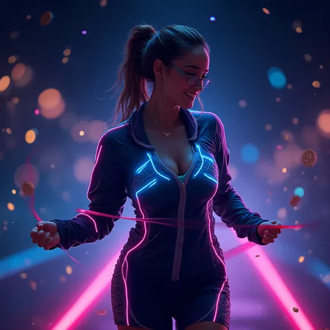 full-figure frame: style European female athlete curvy at the moment of crossing finish tape, smiles. athletic build, sexy. Clot...