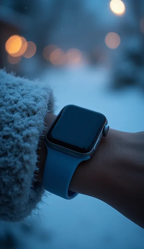 Close-up of a highly detailed, realistic Apple Watch Series 11 with a soft blue silicone strap worn on a woman's wrist. The wris...