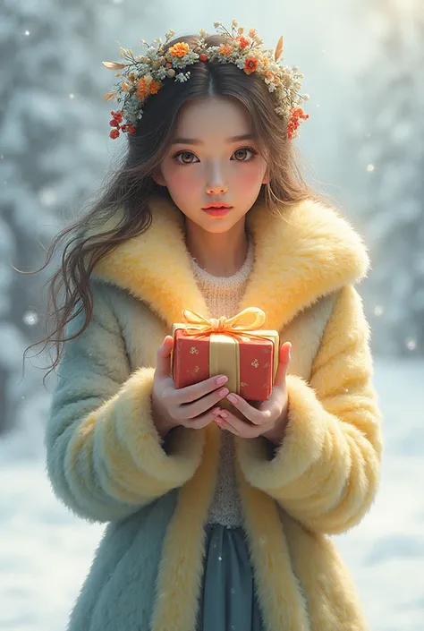 Girl winter, in a fur coat in yellow blue colors and a wreath, with arms stretched forward with a gift