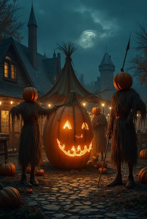 Village Market Square
a destroyed market tent in the middle and a split GIANT pumpkin
Night, there are four scarecrows with pump...