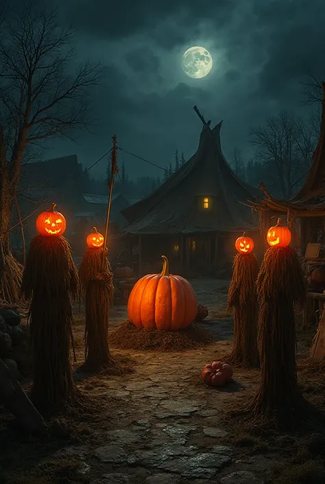 Village Market Square
in the middle, a destroyed tent and a GIANT pumpkin. 
Night, are worth four scarecrows with Halloween pump...