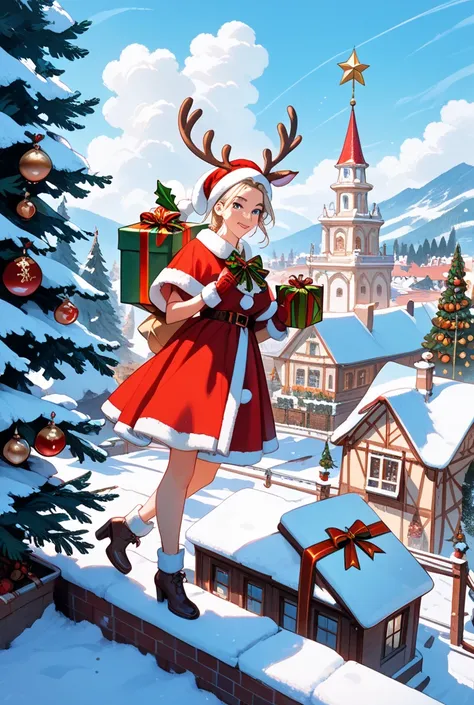 Various simple and stylish Christmas-related illustrations (trees, ornaments, reindeer, Santa Claus, presents, rooftop chimneys,...