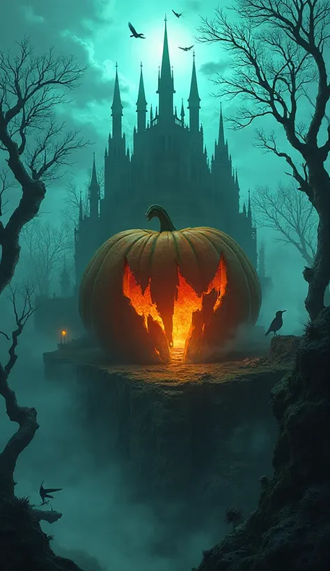 Dark Gothic Perspective
“A cracked pumpkin standing like a cathedral, gothic spires rising from inside, twisted trees with glo...