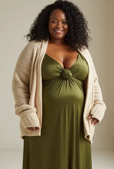A confident plus-size woman wearing an avocado green satin slip gown with a chest knot detail. She pairs it with a short, creamy...