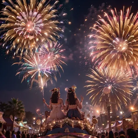  firework_love,A joyful animal parade floating through the night sky, led by creatures wearing tiny hats, fruit crowns, and ribb...