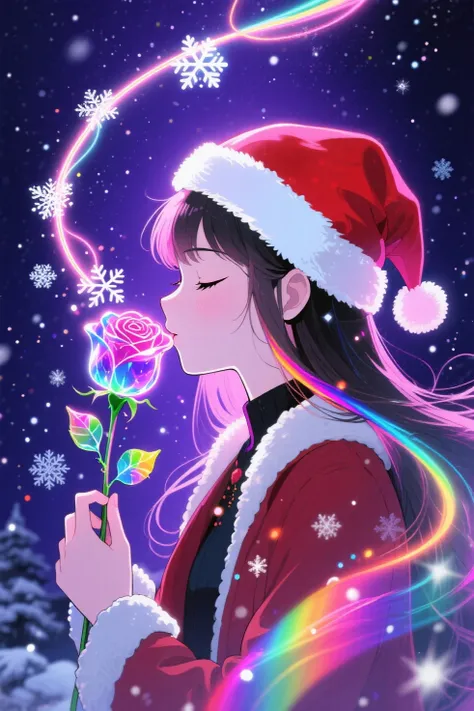 keyword: profile、closed eyes、Santa hat、Glowing Rose、kissing、Christmas、neon、Line of light、snowflakes、magic、night、starry sky。

sty...