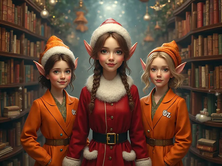 A girl in the form of Santa Claus in the middle, on the right and left sides of Santa, two elf girls, bookstore wearing orange s...