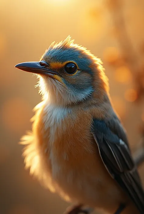 A mesmerizing close-up portrait of a gorgeous little bird illuminated by the soft, golden light of a tranquil morning, with vibr...