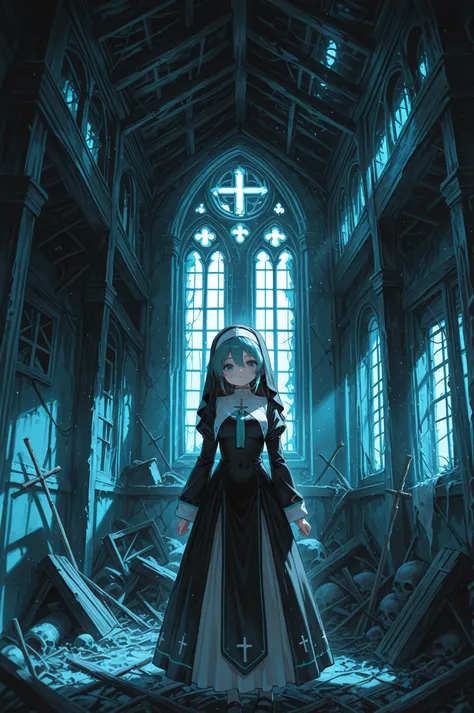 1girl, miku , nun costume, in an abandoned house,