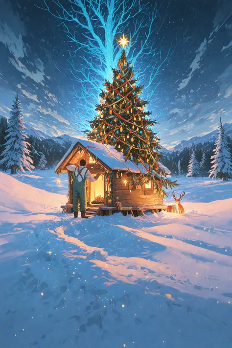 A beautifully illustrated Christmas scene featuring a majestic Christmas tree as the central focus, standing outdoors on a snowy...