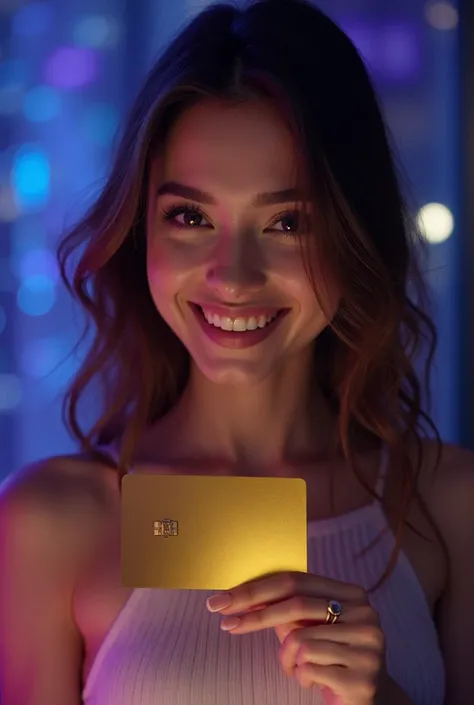 hyperrealistic photograph of an attractive young woman holding a gold credit card, cheerful and confident expression, Bright cin...