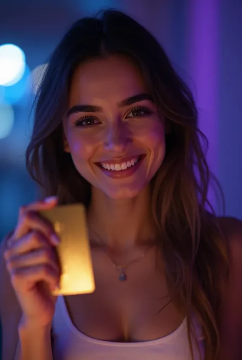 hyperrealistic photograph of an attractive young woman holding a gold credit card, cheerful and confident expression, Bright cin...