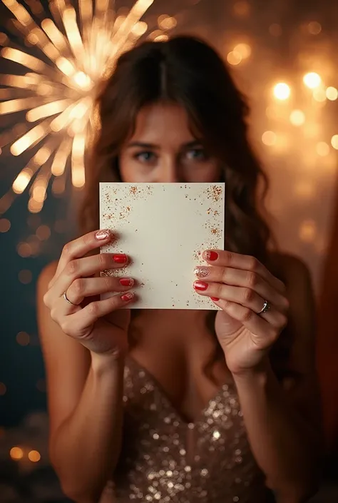 A girl in a beautiful evening dress holds out a postcard at arm's length. 
A postcard in the hands of a vertical orientation in ...