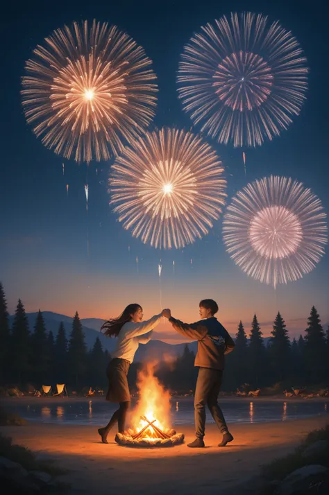 Southern Pacific Aboriginal Night Forest Campfire, Dancing around the fireworks, Detailed description, 4K ultra high definition,...