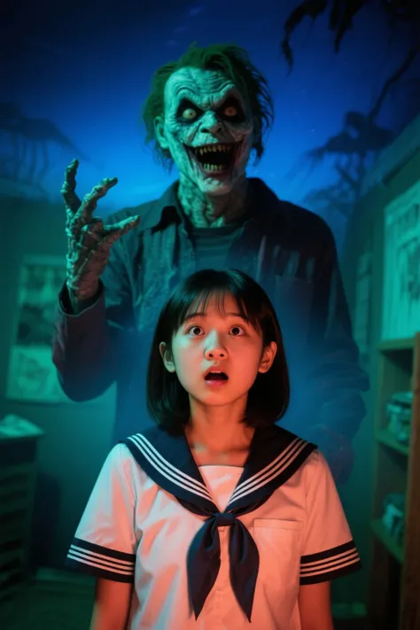 top quality、real、live-action、Night School、A beautiful Japanese girl in a short-sleeved sailor suit is surprised when Freddy from...