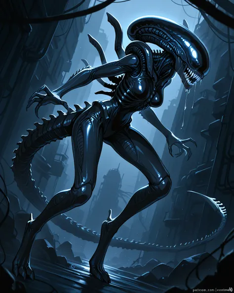 ((top quality)), ((masterpiece)), Xenomorph female, glamorous,  black body, Drooling 1.0, full body