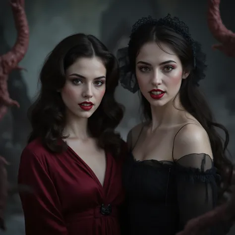 Two thin women in old-fashioned clothes, a stern look, stern facial features, sharp vampire fangs, bright red evil eyes, an arro...