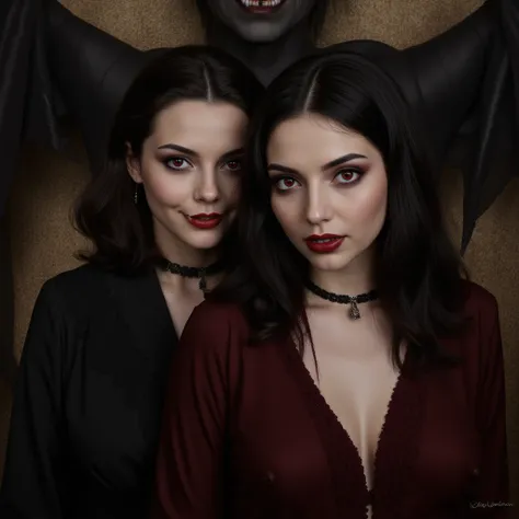 Two thin women in old-fashioned clothes, a stern look, stern facial features, sharp vampire fangs, bright red evil eyes, an arro...